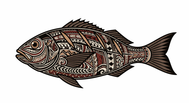 Intricately patterned tribal fish illustration with brown, tan, and red hues