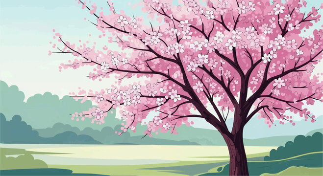 A serene landscape with a blooming cherry blossom tree.