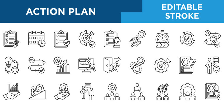 Action plan line icons set with planning workflow, goal setting, task execution, progress tracking, teamwork, timelines, and strategic business processes concepts. Editable stroke vector collection.