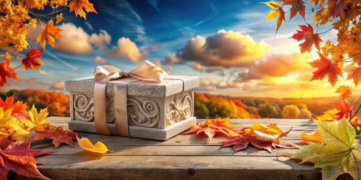 Autumnal Gift Presentation on Rustic Wooden Surface with Ornate Box and Colorful Leaves at Sunset