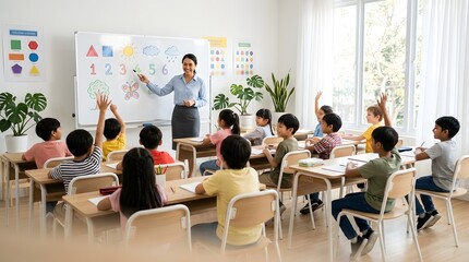 Obraz premium Female teacher explaining mathematics lesson to diverse students in a bright modern classroom with clean composition for education marketing