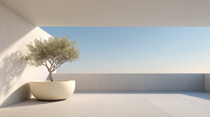 Obraz premium Minimalist outdoor patio with a potted olive tree and clear blue sky, evoking serenity and modern living