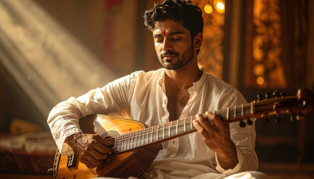 Indian musician plays sitar with eyes closed in devotional focus