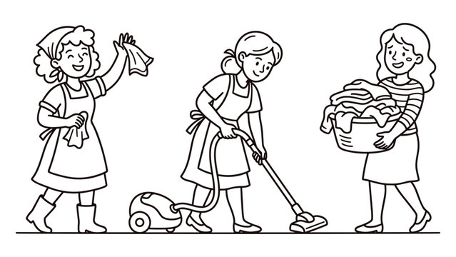Cleaning service women line art illustration with maids vacuuming and holding laundry basket.