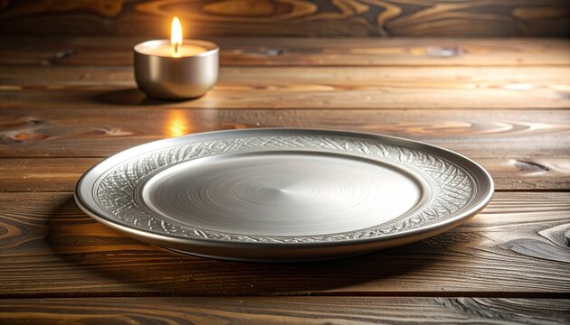 Elegant silver plate with ornate edge rests on a rustic wooden table next to a glowing candle, set for a warm meal.