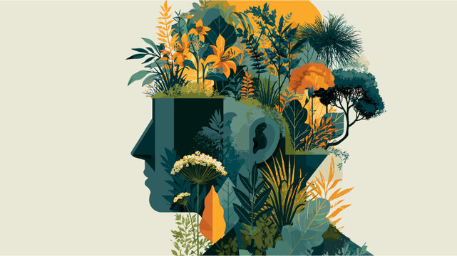Human head profile illustrating a flourishing inner garden with diverse plants and flowers, representing a healthy mind, psychological balance, and personal self growth