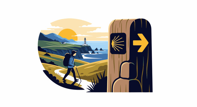 Hiker on coastal path with lighthouse, guided by a signpost