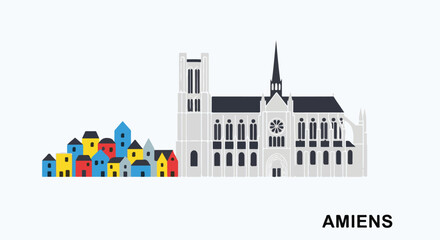 Fototapeta premium Stylized cityscape with a cathedral and colorful houses under a bright sky