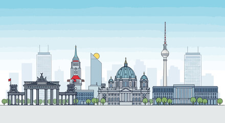 Berlin Skyline Silhouette with Famous Landmarks - Brandenburg Gate, Reichstag, TV Tower © Muhamad