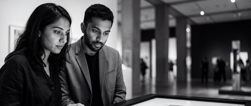 Indian couple looking at museum art gallery exhibition, focused view, black and white fine art photography of South Asian man and woman studying display, cultural curiosity, contemplative modern exhib