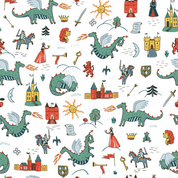 Cute Fairy Tale Seamless Pattern with Dragons, Castles, Knights and Royal Symbols