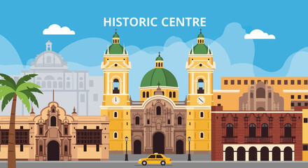 Fototapeta premium Historic City Center with Colonial Architecture, Cathedral, and Palm Tree