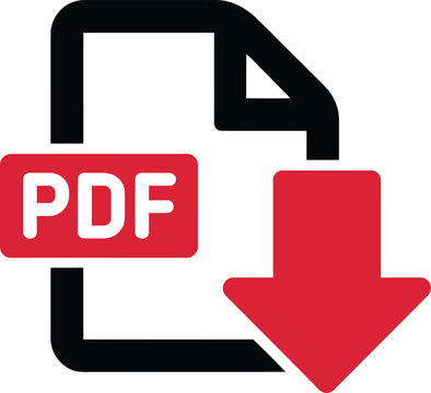 Red and black icon showing pdf file download button on transparent background for document transfer.