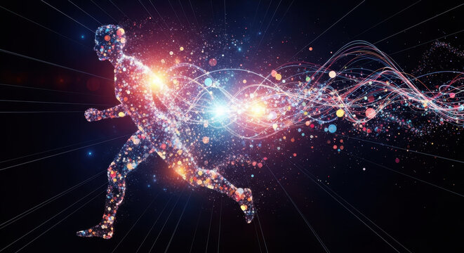 Human silhouette dissolving into cosmic energy particles in deep space nebula with vibrant light