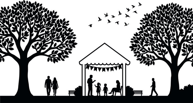 Family relaxing inside park pavilion tent with bunting decoration and people walking under large trees silhouette vector illustration
