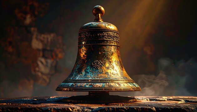 Ornate Antique Bronze Bell With Tarnished Patina Showing Intricate Details and Aged Texture