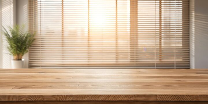 Warm Sunlight Illuminates a Smooth Wooden Tabletop Against a Softly Blurred Background of Venetian Blinds