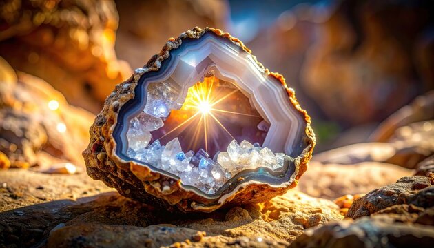 Sunlit Agate Geode Cracked Open Revealing Sparkling Crystal Interior on Earthy Surface