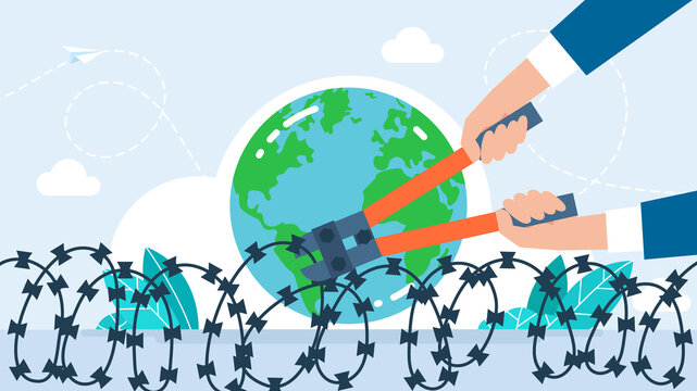 Hands using metal bolt cutters to cut barbed wire fence in front of Earth globe, representing global freedom, breaking borders, world peace and environmental protection. Flat illustration.	