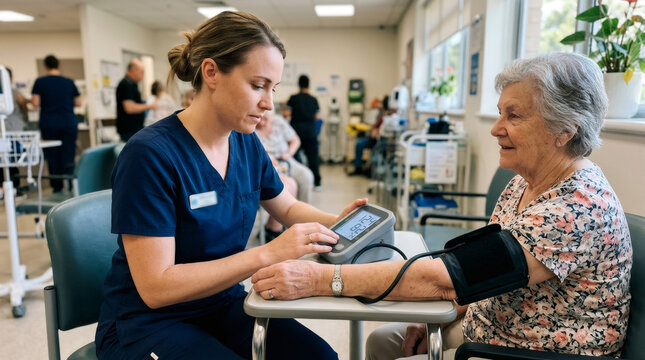 Nurse checking blood pressure of elderly woman in hospital. Healthcare professional monitoring patient health. Medical examination in clinic, geriatric care and preventive medicine concept.