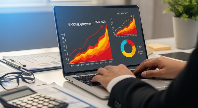 Business professional analyzing financial growth charts and data on a laptop screen in an office setting