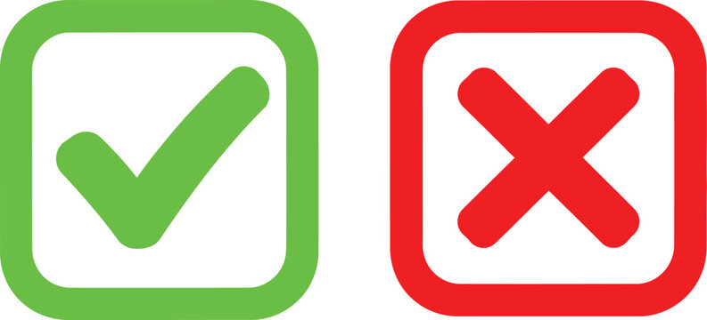 Green check mark and red cross mark symbols in square frames