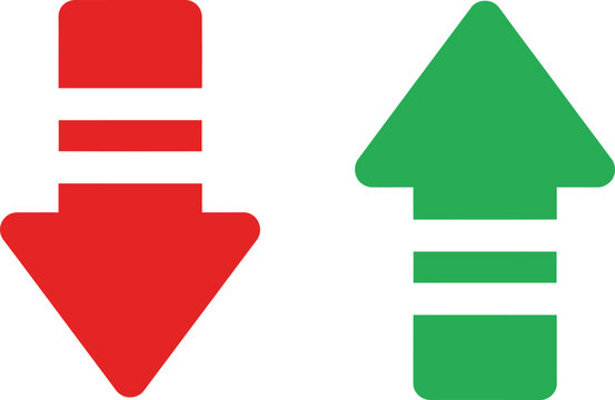 Red down arrow and green up arrow symbols for business growth and decline analysis