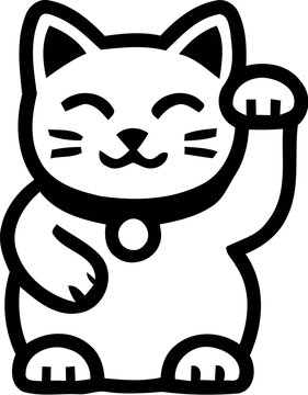 Black and white line drawing of a smiling cat waving one paw
