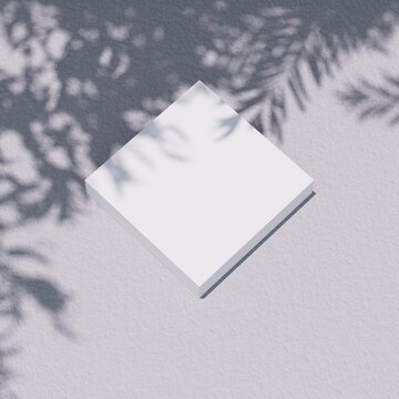 Minimalist white square podium with realistic palm leaf shadow overlay 3D render cgi