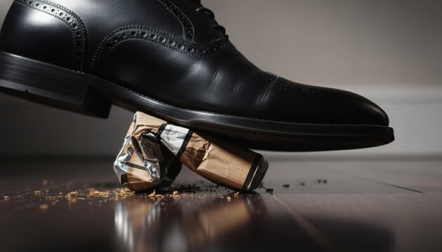 Black elegant shoe crushing a cigarette box on wooden floor for World No Tobacco Day concept, signifying the power of quitting smoking and healthy life choices