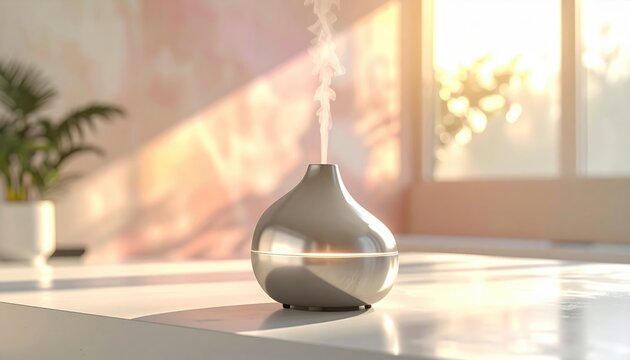 Brushed steel essential oil diffuser emitting mist and light in a sunlit room