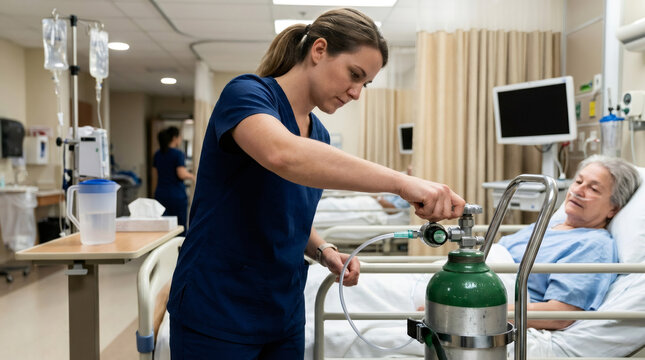Nurse adjusting oxygen tank for elderly woman in hospital. Healthcare professional providing support to patient in recovery room. Clinical medical treatment and patient care concept.