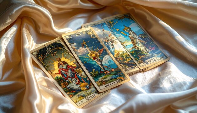 Collection of beautifully illustrated tarot cards fanned out on soft, silken fabric, offering a glimpse into divination and future insight.