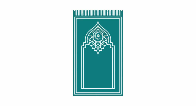 Teal Islamic prayer rug with white geometric patterns and crescent moon