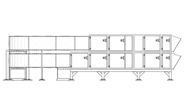 Air Handling AHU - technical drawing, Blueprint. 3D Mesh, Sketch, Vector style or Drawing. 3D rendering isolated on white background. 