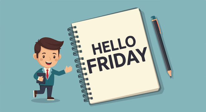Cheerful businessman greets the day with a notepad announcing Friday