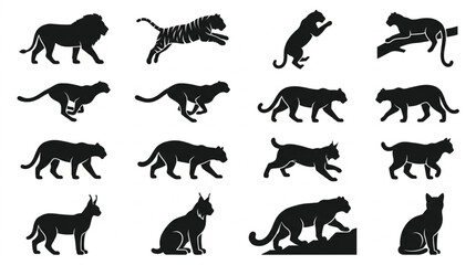 Obraz premium Black Silhouettes Of Various Big Cats.