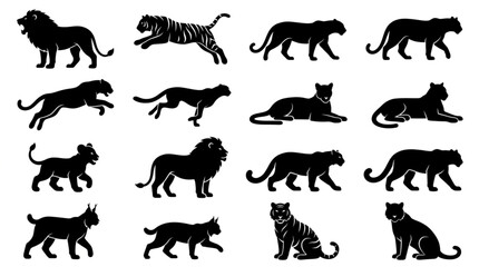 Obraz premium Black Silhouettes Of Various Big Cats.
