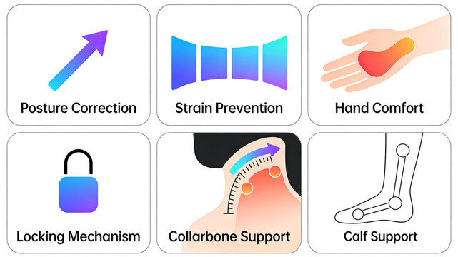 Posture correction, fatigue prevention, locking mechanism, and clavicle support icons represent the functions of corrective orthotics, suitable for corrective belts and ergonomic seating products.
