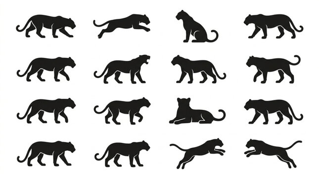 Black Silhouettes of Leopards in Various Poses.