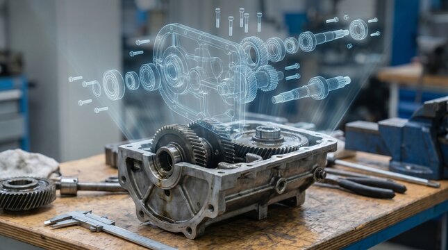 Mechanical parts and tools on workbench show engine assembly in garage during afternoon work session in auto shop