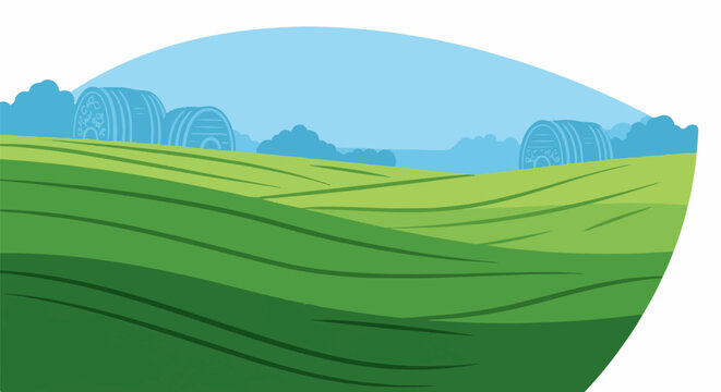 Rolling green hills with abstract barrels in the distance under a pale sky