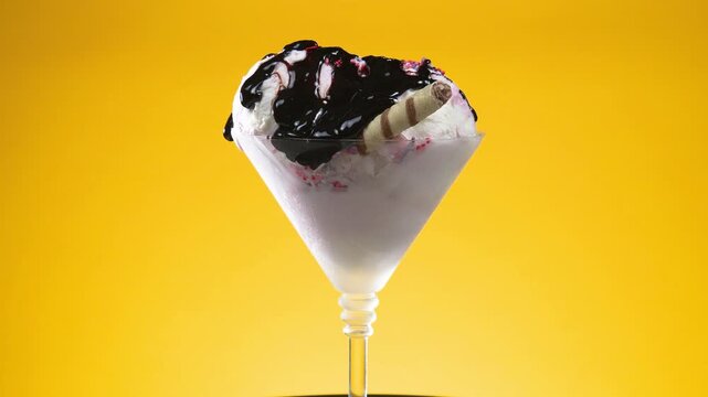 Ice cream in a glass slowly rotates around its axis