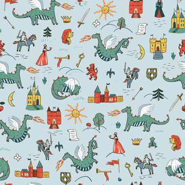Hand Drawn Medieval Kingdom Seamless Pattern with Dragons and Castle Elements