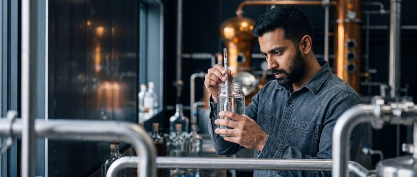 Craft distiller measuring alcohol levels with hydrometer in distillery warehouse, professional male brewer checking quality of spirit batch inside modern copper still factory setting doing test run.