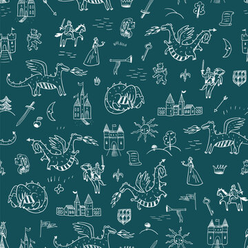 Hand Drawn Medieval Kingdom Seamless Pattern with Dragons and Castle Elements in line