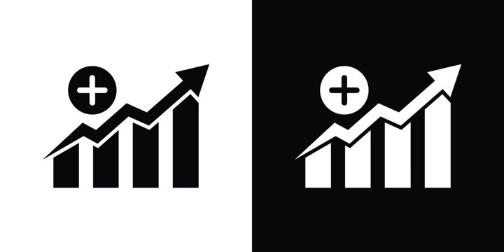 Minimalist business bar chart icon featuring an upward trending arrow and a plus sign emblem, symbolizing value addition, positive growth, profit margins, and financial accumulation.