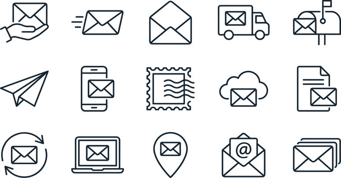 Postal service and email marketing line icon set featuring delivery trucks newsletter envelopes mailboxes and digital correspondence outline vectors
