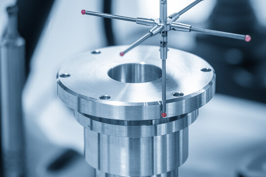 High-precision dimension measuring of a cylindrical shape part using a modular touch probe in a blue tone scene.
