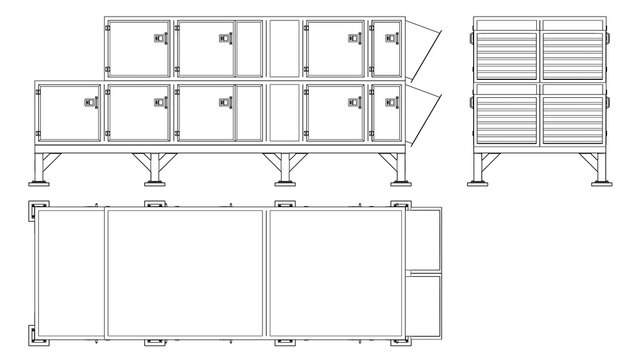 Air Handling AHU - technical drawing, Front, Side and Top view. 3D Mesh, Sketch, Vector style or Drawing. 3D rendering isolated on white background. 